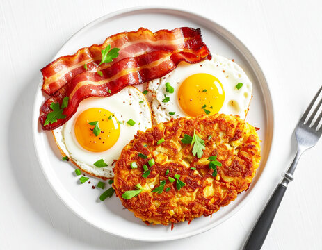 Fried eggs, hash brown and turkey bacon, top view, white plate. AI