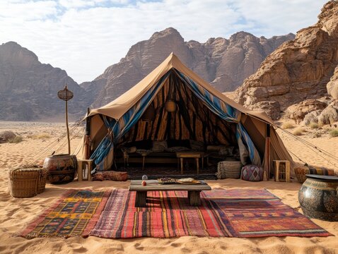 An open-front traditional canvas tent with colorful rugs and low tables is set up in a rugged desert landscape with massive rock formations behind.