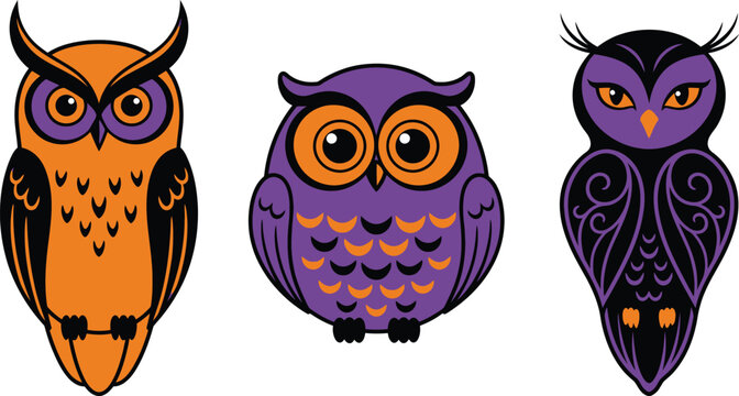 Spooky halloween bundle orange purple black owl illustrations for fall designs