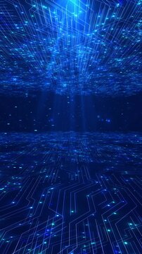 Digital Particle Wave Blue Abstract technology futuristic cyberspace data hi tech virtual space animation. backdrop screensaver stream Digital data flow background loops, cybersecurity presentations.