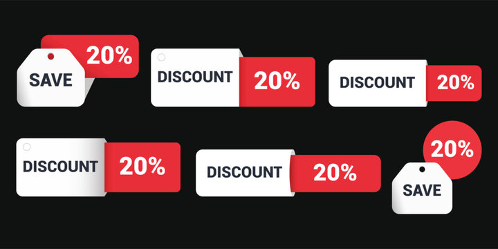 Set of 20 percent discount labels. Red and white sale tags for retail marketing.