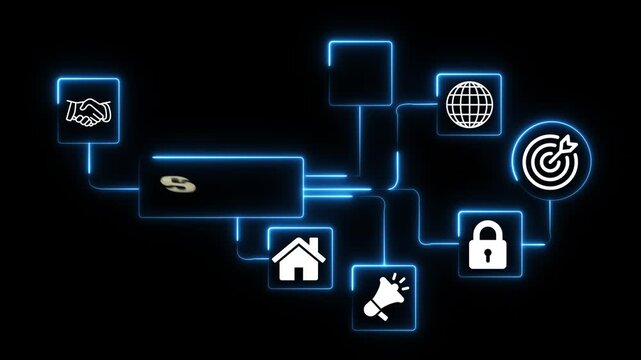 Digital Network Connections Representing SQL Services and Global Communication Technology animation on the black background.