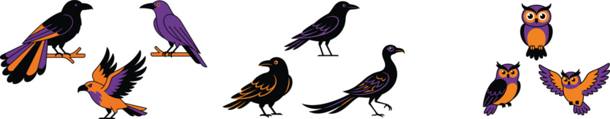 Fototapeta premium Halloween bundle spooky ravens and owls vector illustration for fall designs