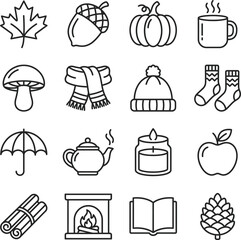 Autumn themed icons including leaf acorn pumpkin coffee mushroom scarf hat socks umbrella teapot candle apple book © NurA