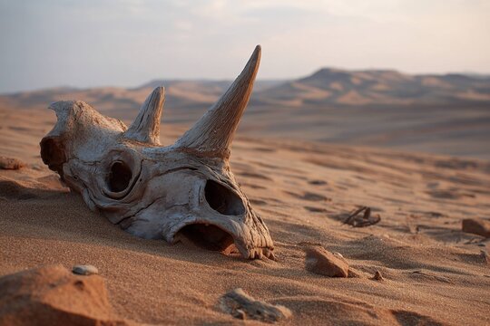 rhino skull half buried in desert sands