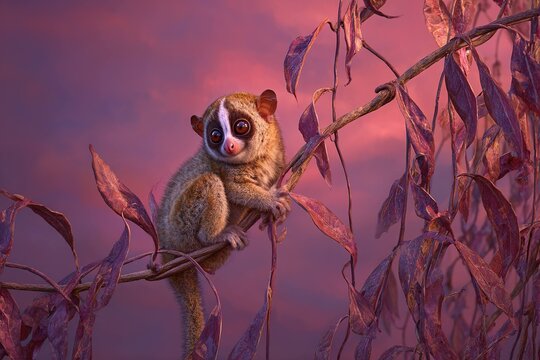 slow loris climbing vines in twilight