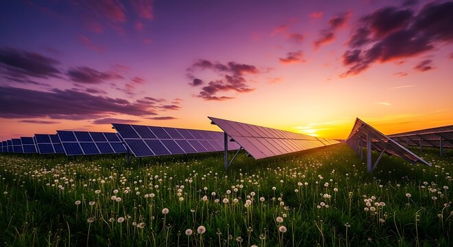 Solar panels in a field at sunset. Renewable energy farm with sustainable power technology.