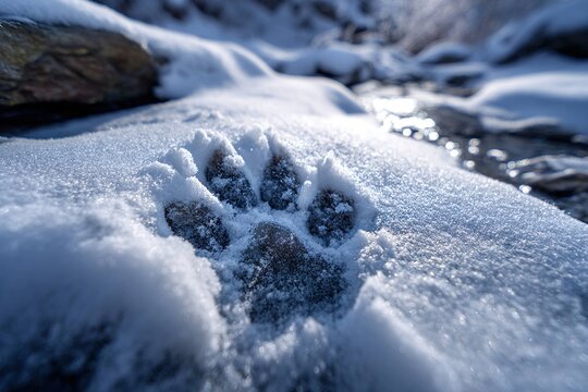 snow leopard's paw print in fresh snow