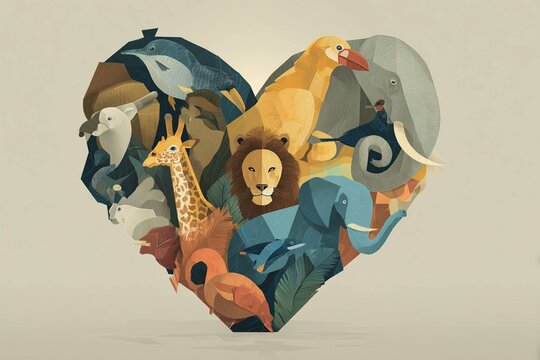 stylized collage of endangered animals forming a heart