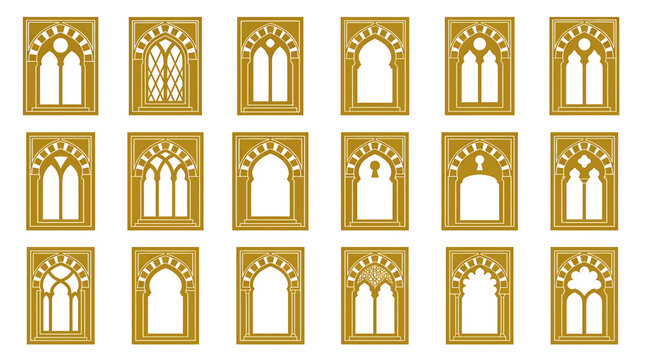 Extensive collection of solid golden vector illustrations featuring diverse Ottoman and Islamic window and arch frames with intricate details.