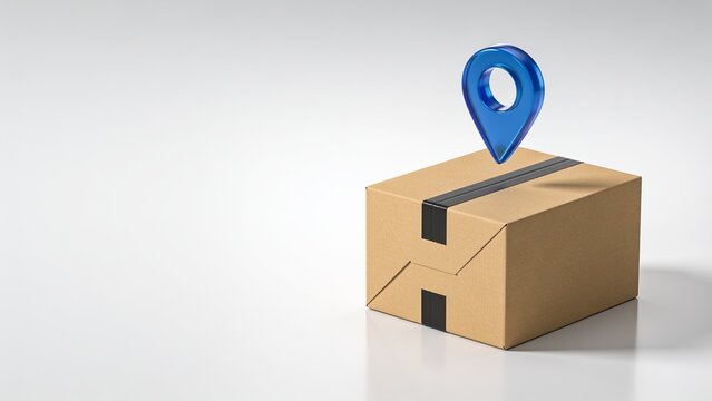 Minimalist blue location pin on top of cardboard shipping box for delivery logistics