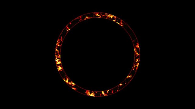Abstract glowing red yellow neon loading bar circle animated black background 4k video, ring circle looping animation 4k video, cinders fractal noise