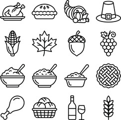 Thanksgiving icons featuring turkey pie cornucopia pilgrim hat corn leaf acorn grapes © NurA