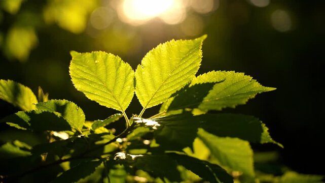 Closeup of bright green leaves backlit by the warm golden sun in a forest