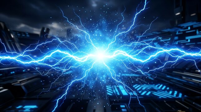 Powerful electric lightning plasma discharge over digital cybernetic grid background with lightning electricity abstract electric technology