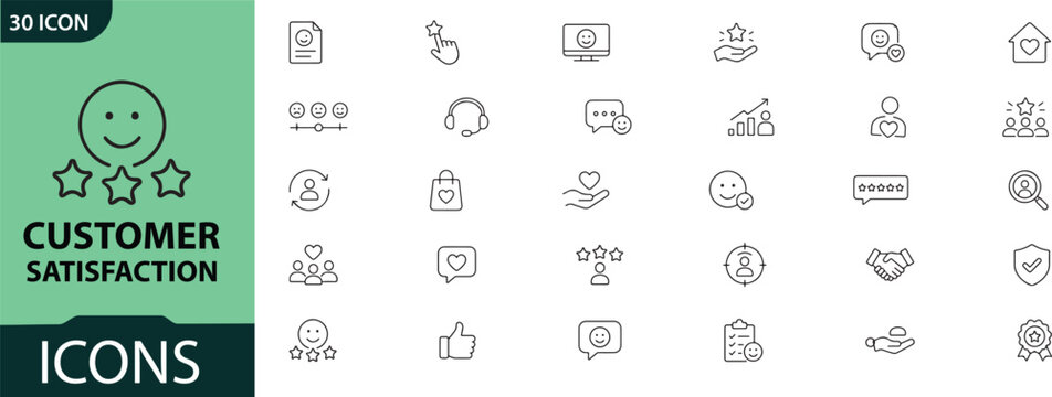 Customer satisfaction icon set 30 line icons for positive feedback service