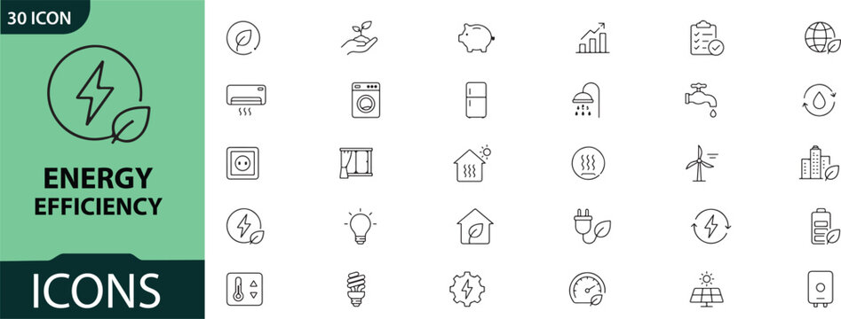 Energy efficiency icon set sustainable living and renewable power solutions
