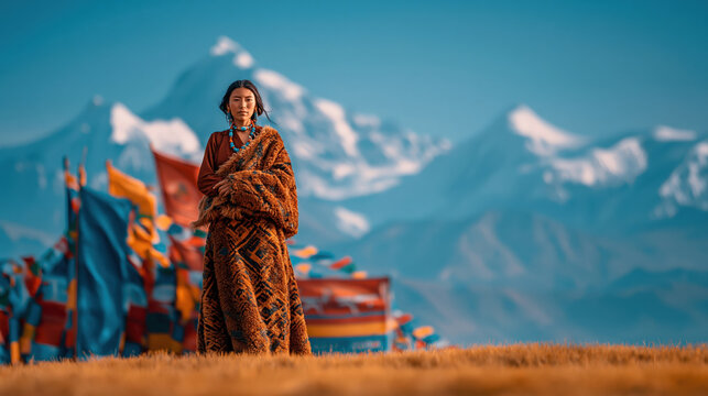 Outdoor adventure explore. A vivid portrayal of a woman standing in a vast, golden field. She wears a long, textured robe with a distinct pattern of orange and brown hues.