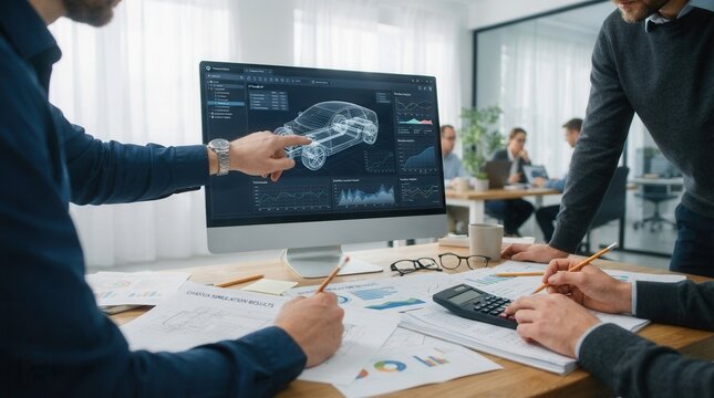 Digital calculating application for manufacturing preparation showing electric car design software simulation blueprint