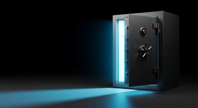 Open steel safe with glowing interior. Secure vault box with bright light on black background.