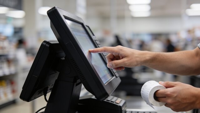 Person using self-checkout kiosk in modern supermarket with digital payment terminal