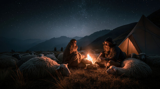 Outdoor adventure explore. A dramatic nighttime scene set in a mountainous landscape. Two individuals, a man and a woman, sit by a campfire surrounded by sheep. The man.