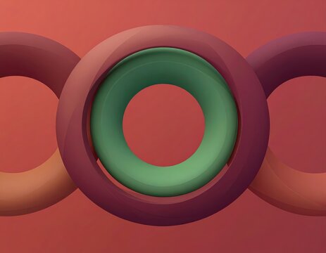 Abstract 3D render of three interlocking rings in warm tones with a green center ring, suggesting connection and depth.