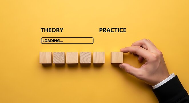 Theory vs practice concept. Businessman building a bridge between knowledge and application.