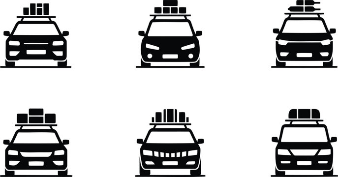 Collection of diverse car icons with luggage on roof racks in front view