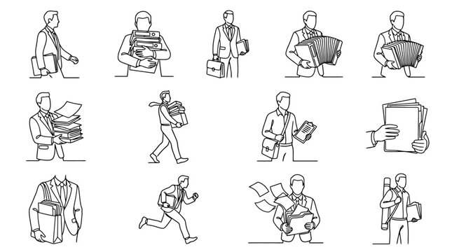 Businessman holding documents, paperwork, office tasks, business routine, workflow, hand-drawn style