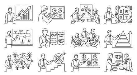 Obraz premium Business Meeting & Strategy Icons: Hand Drawn Icons of Collaboration, Planning, and Success