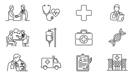 Medical Healthcare Icons: Doctor, Patient, Stethoscope, DNA, Ambulance, Hospital, Microscope © sepatu