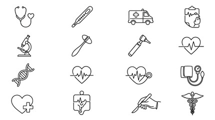 Medical Icons Set: Stethoscope, DNA, Heartbeat, Microscope, Ambulance, Caduceus, Scalpel © Yoko