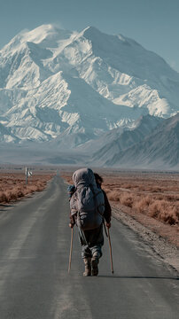 Outdoor adventure explore. A landscape photograph captures a solitary figure walking down a long, straight road. The person wears a large backpack and hiking poles, indicating they are on a journey.