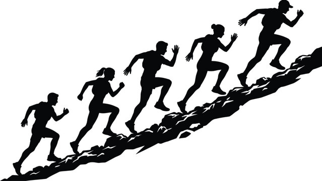 Silhouette collection of male and female trail runners sprinting uphill isolated on white background