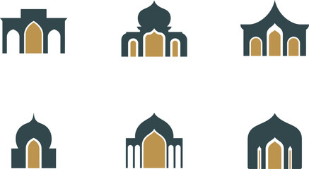 Collection of stylized Islamic architectural building icons featuring domes and arches isolated on white © MD HASAN