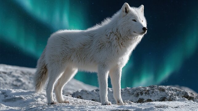 Arctic Wolf in Northern Lights: A majestic white wolf stands proudly on a snow-covered landscape, with the ethereal glow of the aurora borealis painting the night sky behind it.