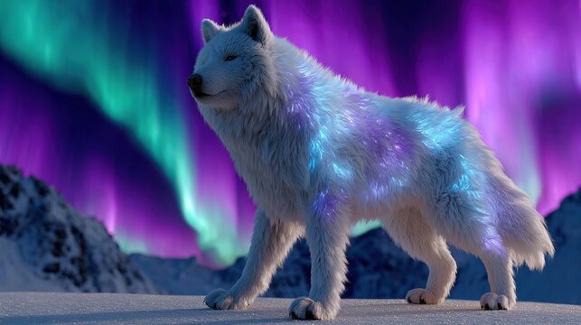 Arctic Wolf Under Aurora: A majestic white wolf, adorned with shimmering, celestial patterns, walks confidently across a snow-covered landscape beneath the ethereal glow of the Northern Lights.