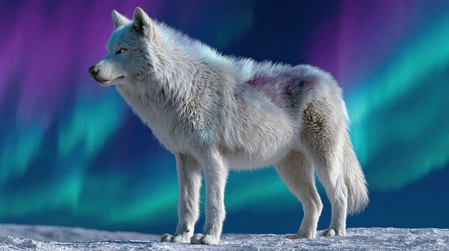 Arctic Wolf Under Aurora Borealis: A majestic white wolf stands poised against the ethereal glow of the aurora borealis, its fur shimmering under the otherworldly lights of the Arctic night.