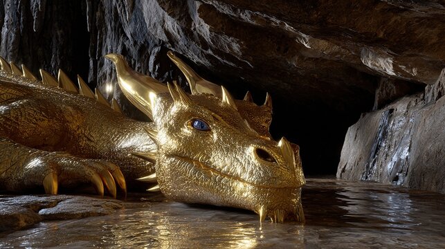 Golden Dragon's Grotto: A majestic golden dragon rests within a cavern, its scales gleaming as it drinks from a pool of water. The scene evokes mystery and ancient fantasy.