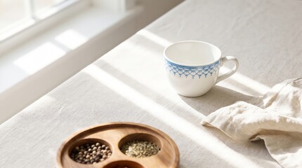 Fototapeta premium Minimalist white ceramic mug with blue geometric pattern resting on textured linen tablecloth surface with decorative pattern placed