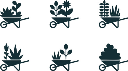 Set of six simple graphic icons representing wheelbarrows filled with various plants and garden materials © MD HASAN