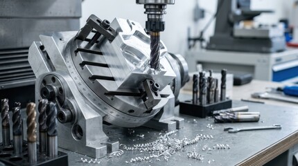 Naklejka na ściany i meble Precision CNC machining setup with rotary table, aluminum block, carbide mills, fixture clamps, and spiral chips on a clean bench.