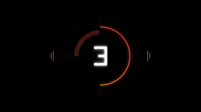 Five seconds digital countdown timer with glowing orange circular interface HUD 4k Video