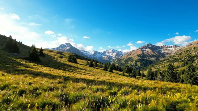Breathtaking panoramic view of a lush green mountain valley under a clear blue sky