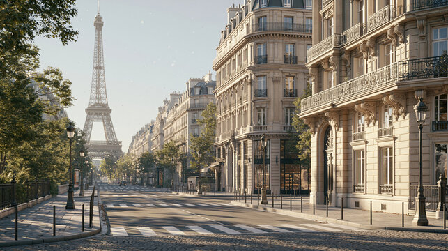 Paris France Europe lifestyle. A detailed, realistic depiction of a Parisian street scene. The main subject is a cobblestone street lined with classic Europeanstyle buildings featuring ornate facades.