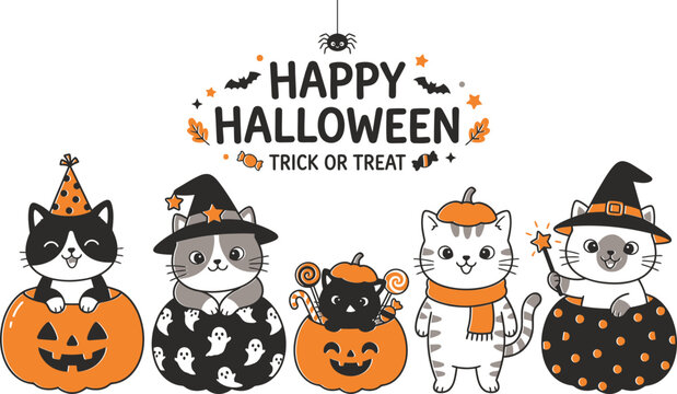 Cute cartoon kittens wearing witch hats and party costumes sitting inside orange pumpkins for a fun happy halloween vector illustration