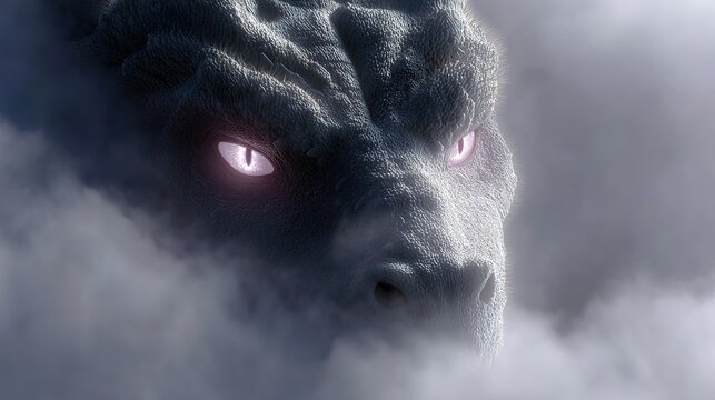 Mysterious Dragon Emerges from the Clouds: A fearsome dragon's head, with piercing, luminous eyes and scaly texture, looms ominously from a thick blanket of fog.