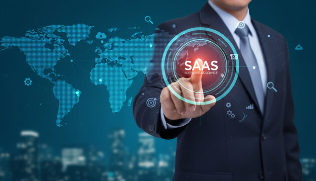 Professional businessman touching a digital holographic interface showcasing software as a service platform.
