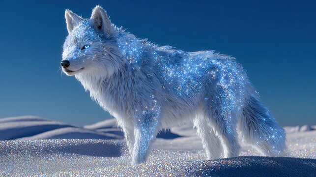 Arctic Spirit Wolf: An ethereal white wolf with glowing blue eyes stands majestically on a snowy landscape, its fur shimmering with crystalline particles under a clear sky.